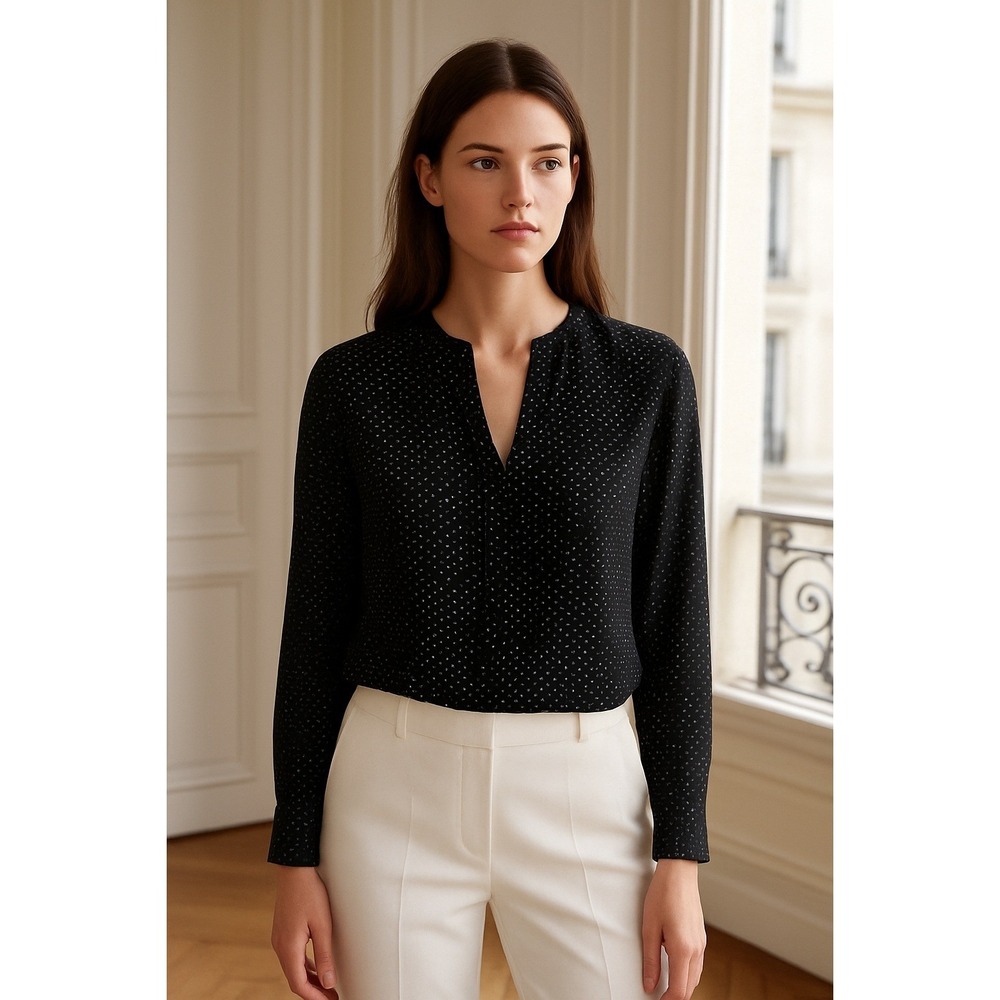 Black Polka Dot Blouse Long Sleeve‎ V Neck Business Casual Top